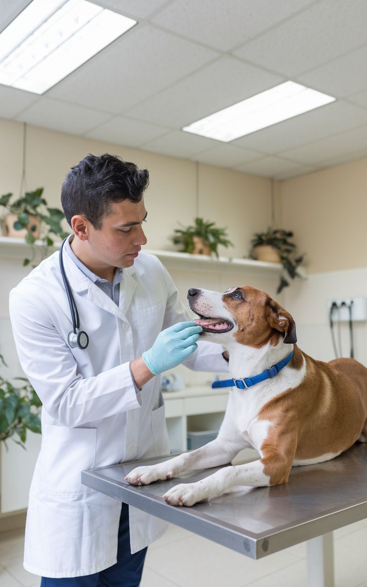 Veterinario revisando a un perro sobre la mesa de consulta
